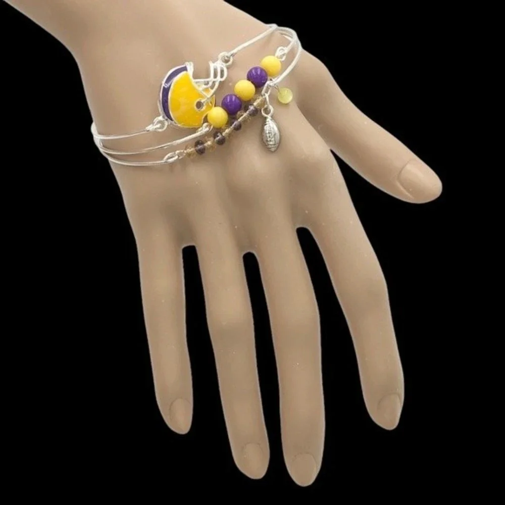 🌼 Set 3 Purple & Yellow Football Bangle Bracelets